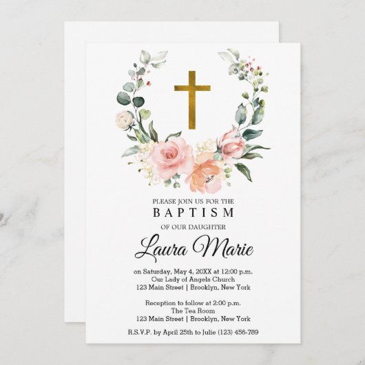 Waterverf Roze Florals Baptisme Kaart (Voorkant / Achterkant)