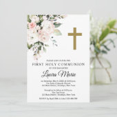 Waterverf Roze Florals Eerste Heilige Communie Kaart (Staand voorkant)