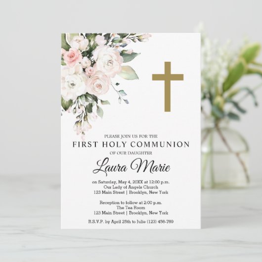 Waterverf Roze Florals Eerste Heilige Communie Kaart (Staand voorkant)