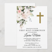 Waterverf Roze Florals Eerste Heilige Communie Kaart (Voorkant / Achterkant)