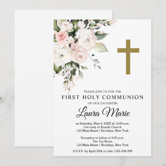Waterverf Roze Florals Eerste Heilige Communie Kaart (Voorkant / Achterkant)