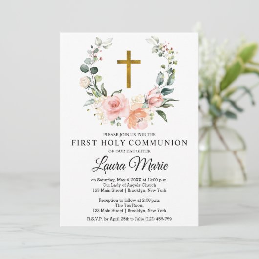 Waterverf Roze Florals Eerste Heilige Communie Kaart (Staand voorkant)