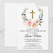 Waterverf Roze Florals Eerste Heilige Communie Kaart (Voorkant / Achterkant)