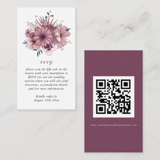 Waterverf Roze Florals QR Code Weddenschap RSVP Informatiekaartje (Voorkant / Achterkant)