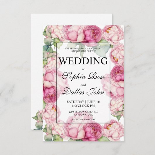 Waterverf roze florals roze pioenrozen Bruiloft Kaart (Voorkant / Achterkant)