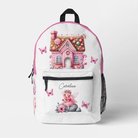 Waterverf Roze Flower Fairy House Vlinders Bedrukte Rugzak (Voorkant)