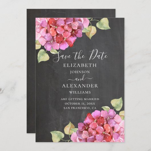 Waterverf roze fuchsia bloemen. Koolkarton Save The Date (Voorkant / Achterkant)