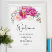 Waterverf Roze Fuchsia Bloemen Welkom Huwelijk Poster
