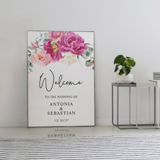 Waterverf Roze Fuchsia Bloemen Welkom Huwelijk Poster