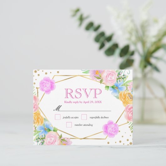 Waterverf Roze Geel Blauw Bloemen Huwelijk Briefkaart (Staand voorkant)