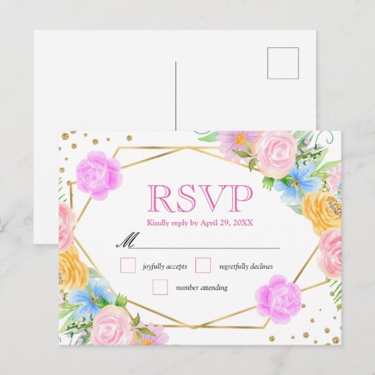 Waterverf Roze Geel Blauw Bloemen Huwelijk Briefkaart (Voorkant / Achterkant)