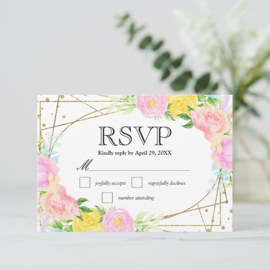 Waterverf Roze Geel Blauw Bloemen Huwelijk RSVP Kaartje (Staand voorkant)