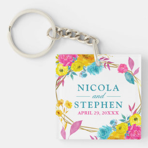 Waterverf Roze Geel Blauw Zomer Bloemen Bruiloft Sleutelhanger