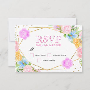 Waterverf Roze Geel Blauwe Bloemen Bruiloft RSVP Kaartje