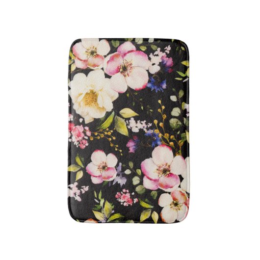 Waterverf roze geel rozen zwarte achtergrond badmat (Voorkant Verticaal)