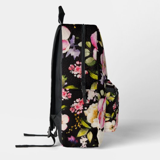 Waterverf roze geel rozen zwarte achtergrond bedrukte rugzak (Links)