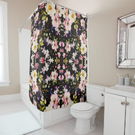 Waterverf roze geel rozen zwarte achtergrond douchegordijn