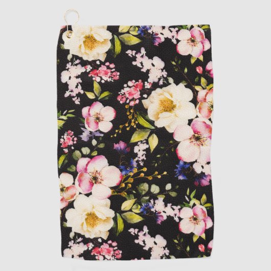 Waterverf roze geel rozen zwarte achtergrond golfhanddoek (Voorkant)