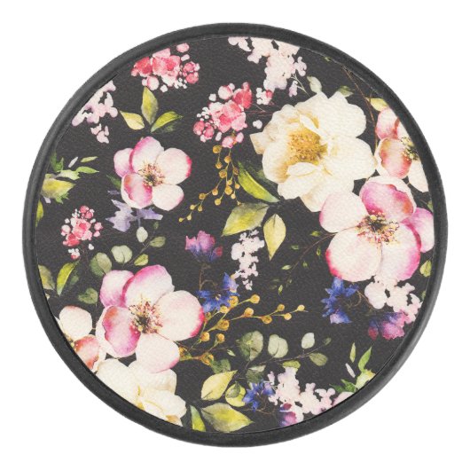 Waterverf roze geel rozen zwarte achtergrond hockey puck (Voorkant)