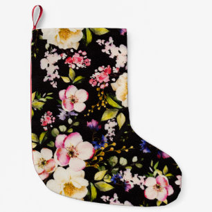 Waterverf roze geel rozen zwarte achtergrond kleine kerstsok