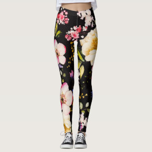Waterverf roze geel rozen zwarte achtergrond leggings