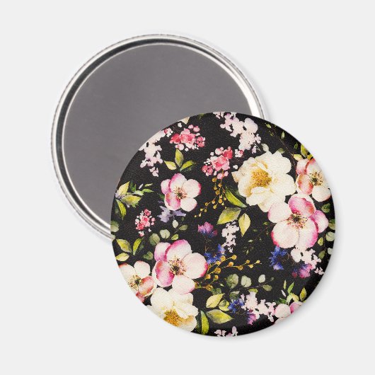 Waterverf roze geel rozen zwarte achtergrond magneet (Voorkant / Achterkant)