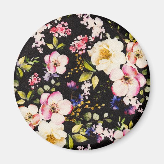 Waterverf roze geel rozen zwarte achtergrond magneet (Voorkant)