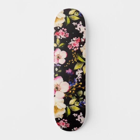Waterverf roze geel rozen zwarte achtergrond persoonlijk skateboard (Voorkant)