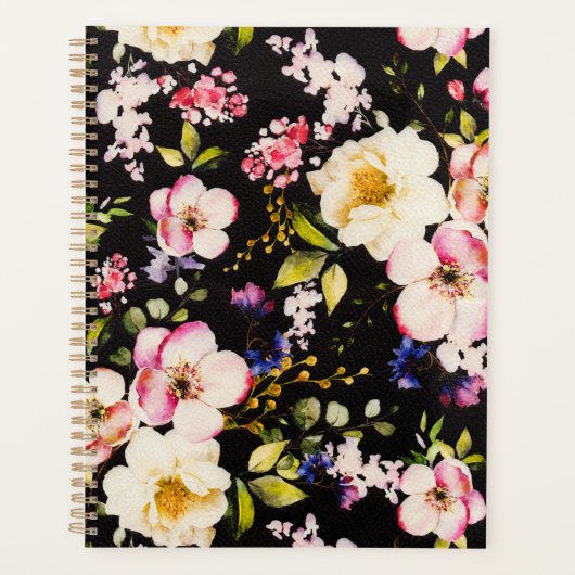 Waterverf roze geel rozen zwarte achtergrond planner (Voorkant)