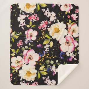Waterverf roze geel rozen zwarte achtergrond sherpa deken