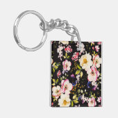 Waterverf roze geel rozen zwarte achtergrond sleutelhanger (Voorkant Links)