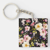 Waterverf roze geel rozen zwarte achtergrond sleutelhanger (Voorkant)