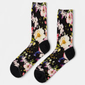 Waterverf roze geel rozen zwarte achtergrond sokken (Links)