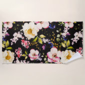 Waterverf roze geel rozen zwarte achtergrond strandlaken (Voorkant)