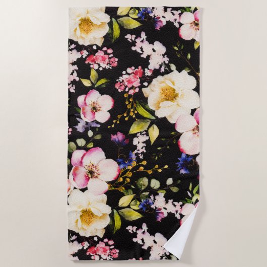 Waterverf roze geel rozen zwarte achtergrond strandlaken (Voorkant)