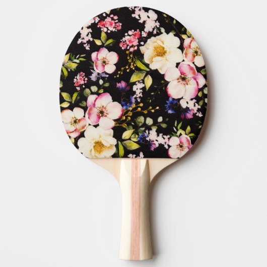 Waterverf roze geel rozen zwarte achtergrond tafeltennisbatje (Voorkant)