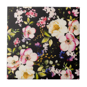 Waterverf roze geel rozen zwarte achtergrond tegeltje