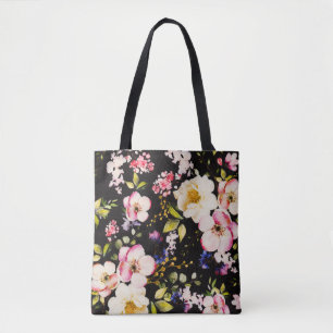 Waterverf roze geel rozen zwarte achtergrond tote bag