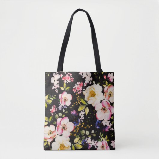 Waterverf roze geel rozen zwarte achtergrond tote bag (Voorkant)