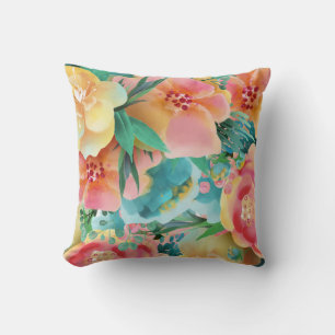 Waterverf Roze Geel Teal Lente Bloem Kussen
