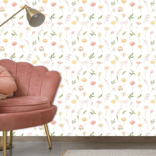 Waterverf Roze Gele Bloem Bloemrijk Botanisch Behang (Creator heeft geüpload)