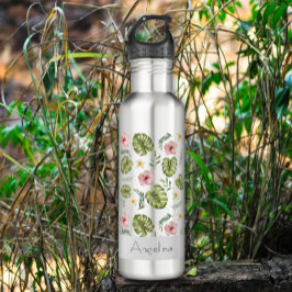 Waterverf roze gele bloemnaam waterfles 