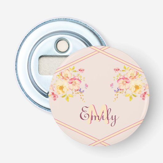 Waterverf Roze Gele Rozen, Lijnen, Monogram Button Flesopener (Voorkant)