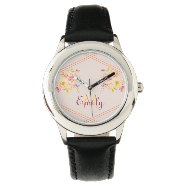 Waterverf Roze Gele Rozen, Lijnen, Monogram Horloge (Voorkant)