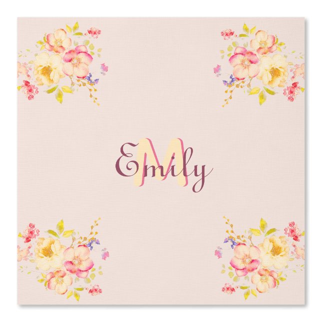 Waterverf Roze Gele Rozen, Monogram Behang (Voorkant)