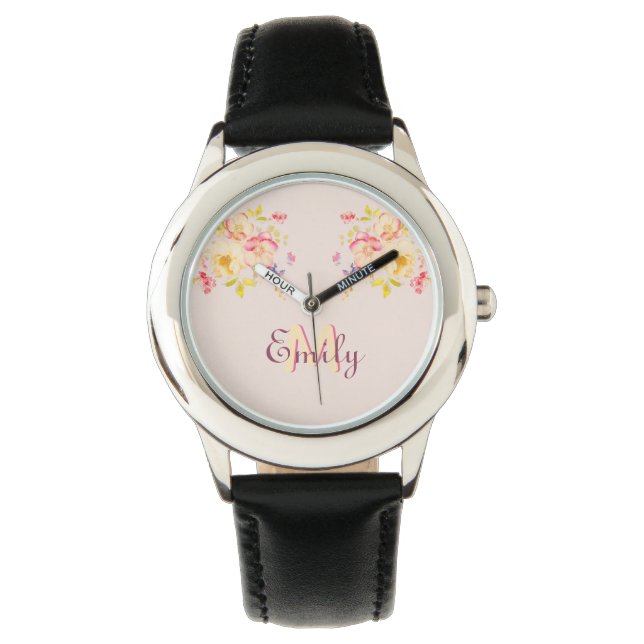 Waterverf Roze Gele Rozen, Monogram Horloge (Voorkant)