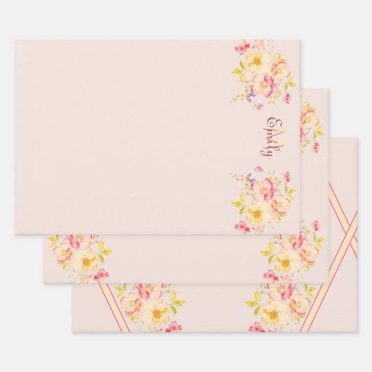 Waterverf Roze Gele Rozen, Monogram Inpakpapier Vel (Set)