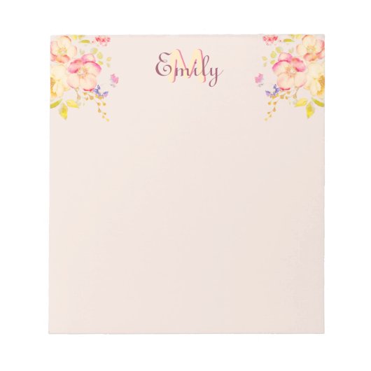 Waterverf Roze Gele Rozen, Monogram Notitieblok (Voorkant)