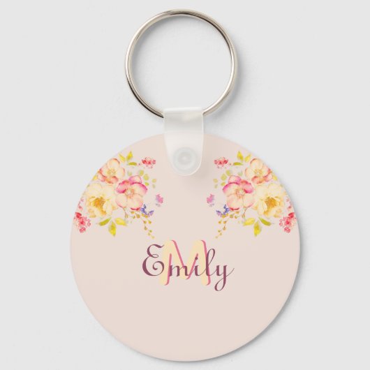 Waterverf Roze Gele Rozen, Monogram Sleutelhanger (Voorkant)