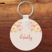 Waterverf Roze Gele Rozen, Monogram Sleutelhanger (Voorkant)